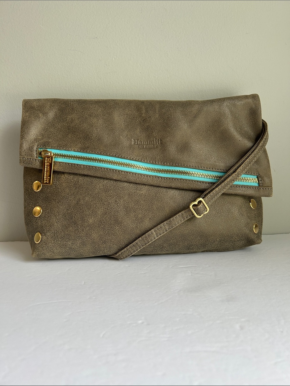 Hammitt VIP Med Leather Crossbody in Taupe with Turquoise Zippers